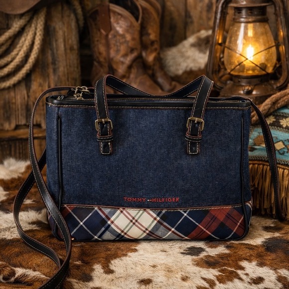 Tommy Hilfiger Handbags - Tommy Hilfiger Denim Plaid Shoulder‎ Bag Tote Purse Y2K Preppy Classic